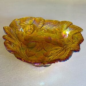 Vintage Iridescent Amber Gold Textured Carnival Glass Bowl, Leaf & Grape Design